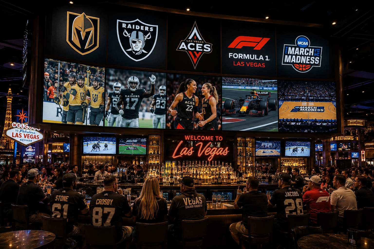 Sports bar with multiple screens displaying events.