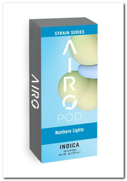 Airo Pod Strain Series Northern Lights indica box, sold at Wallflower in Las Vegas
