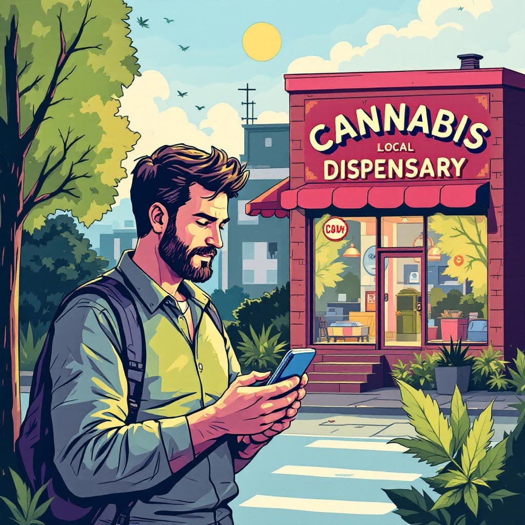 Man looking at his phoe for a Map and Location Guide for Rec Dispensary Cannabis.jpg
