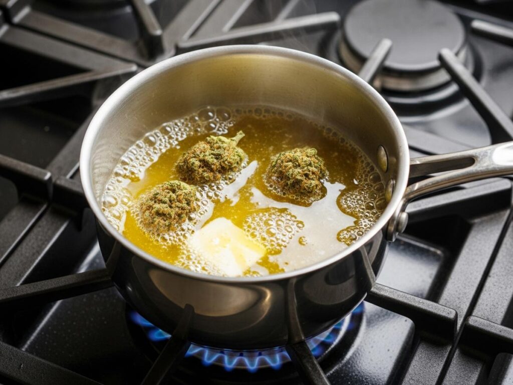 A saucepan on a stovetop with melted butter and cannabis gently simmering