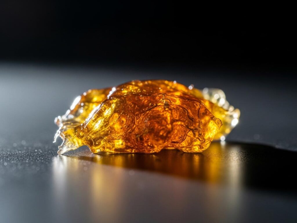 An amber-colored cannabis concentrate known as BHO, showing its glassy texture against a dark background.