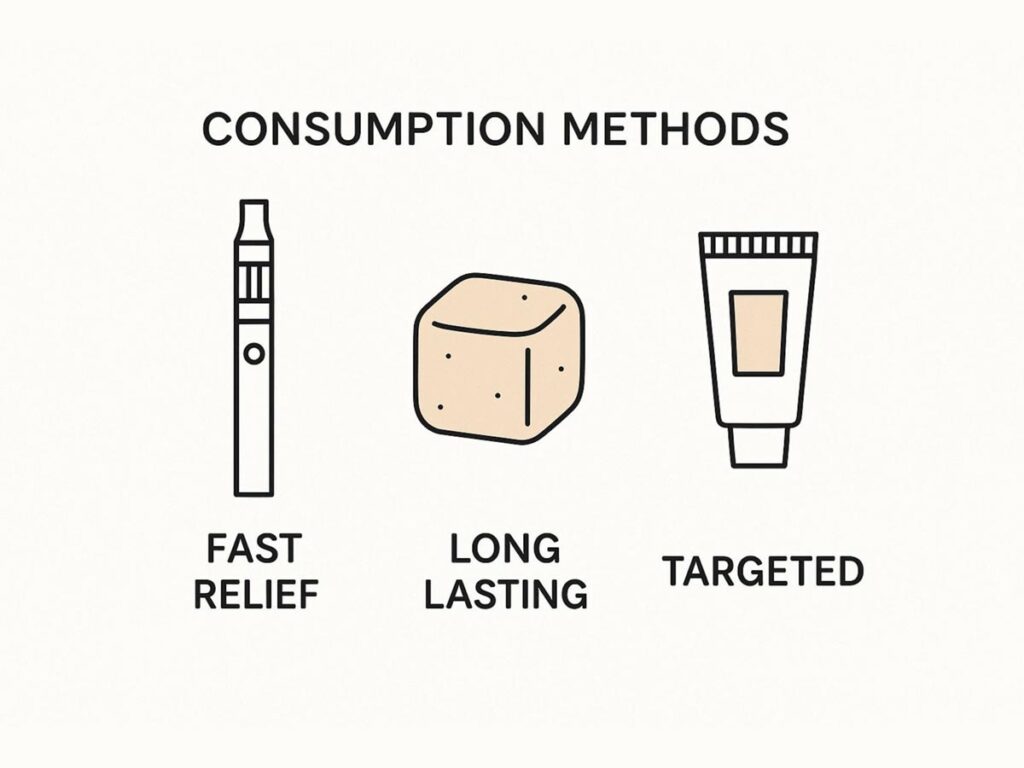 Infographic comparing fast relief from vape pens, long-lasting effects from edibles, and targeted relief from topicals for migraines.