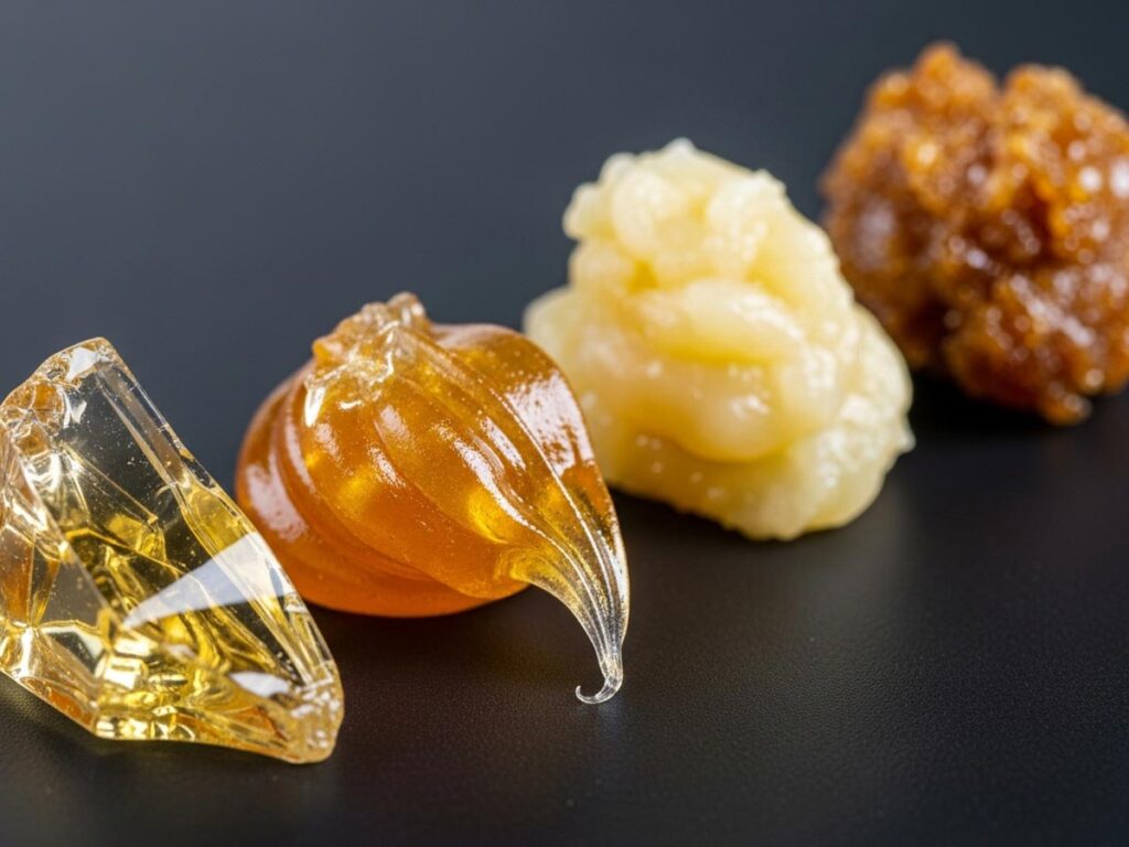 Several different forms of BHO concentrates displayed, showing a range of textures from glassy shatter to creamy wax.