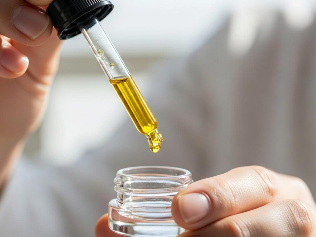 A person carefully measuring a small dose of THC oil with a dropper.