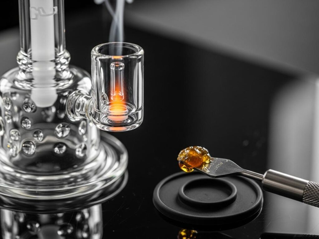 A dab rig setup for consuming BHO, showing the glass piece, nail, and a dab tool with concentrate