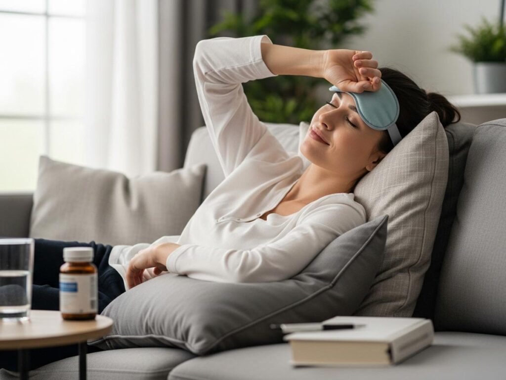 Woman experiencing migraine relief in a calm, modern setting