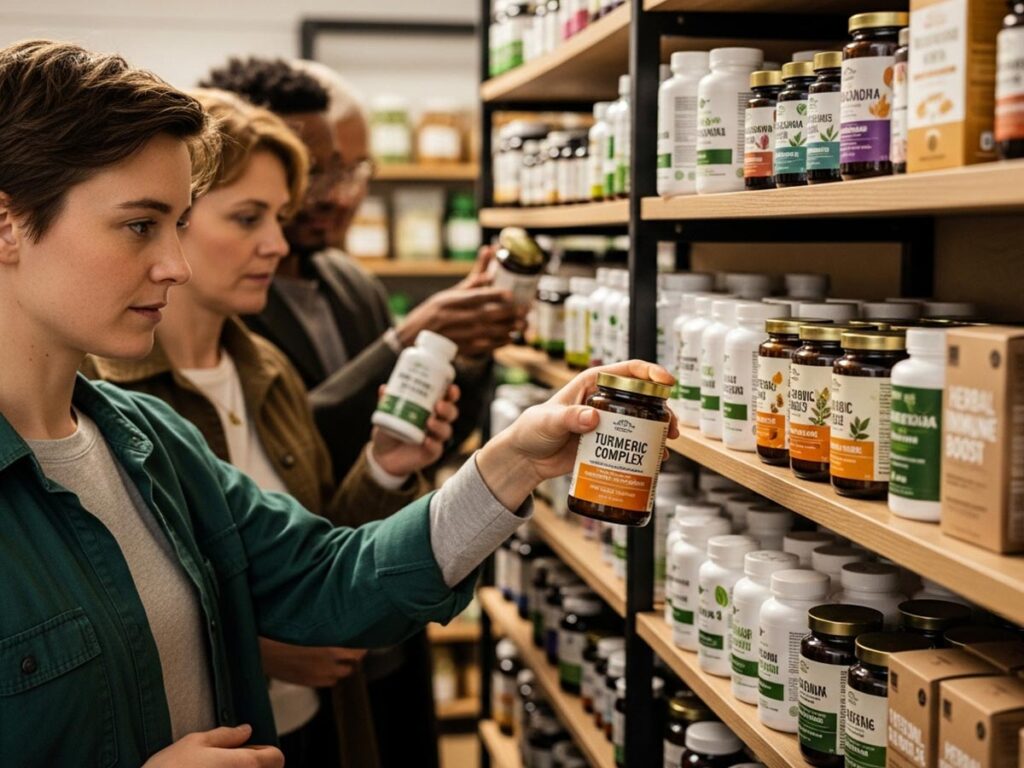 People choosing natural plant-based supplements from a shelf