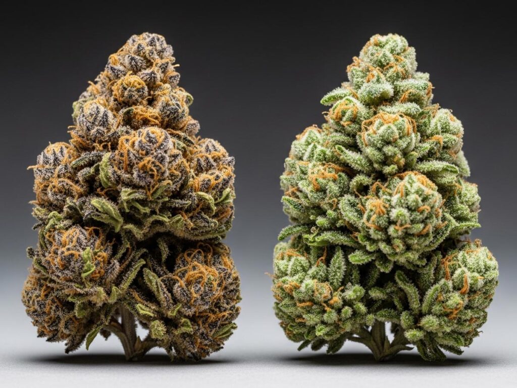 Two cannabis buds, one dried and one flash-frozen, representing the starting materials for cured and live resin.