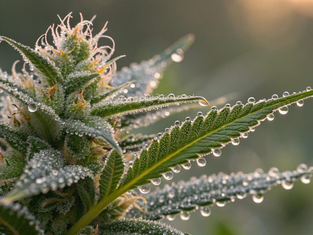 A detailed close-up shot of cannabis trichomes, highlighting the glistening resin glands where terpenes are produced.A detailed close-up shot of cannabis trichomes, highlighting the glistening resin glands where terpenes are produced.