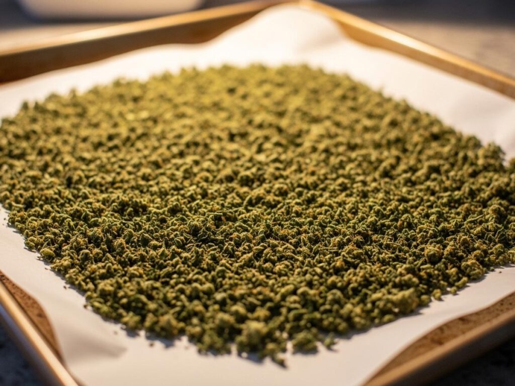 A baking sheet with coarsely ground cannabis spread evenly on parchment paper, ready for the oven.