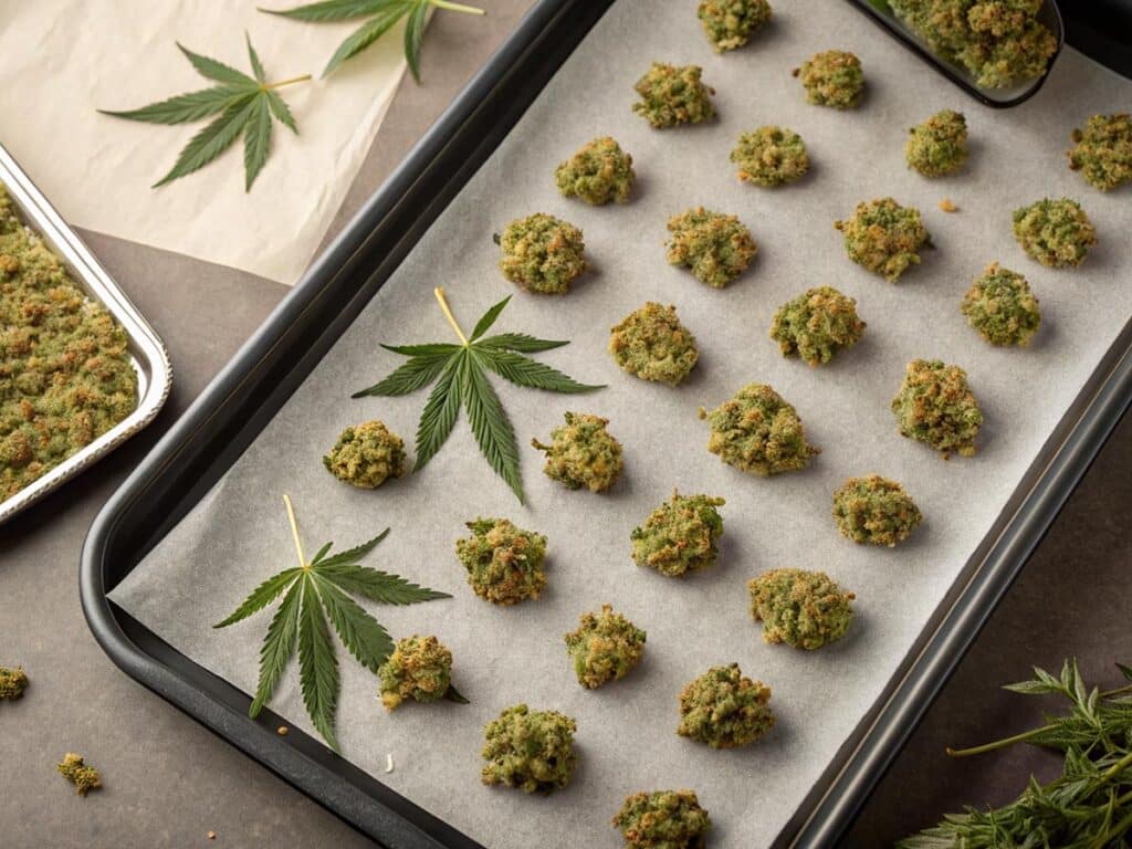 An overhead shot of ground cannabis flower spread evenly on a parchment-lined baking sheet, ready for decarboxylation.