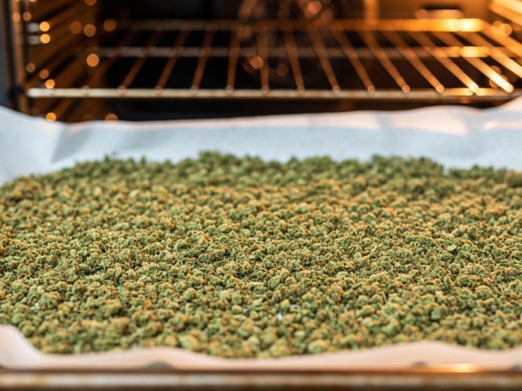 shot of ground cannabis flower spread evenly on a parchment-lined baking sheet, ready for decarboxylation, with the oven in the background.