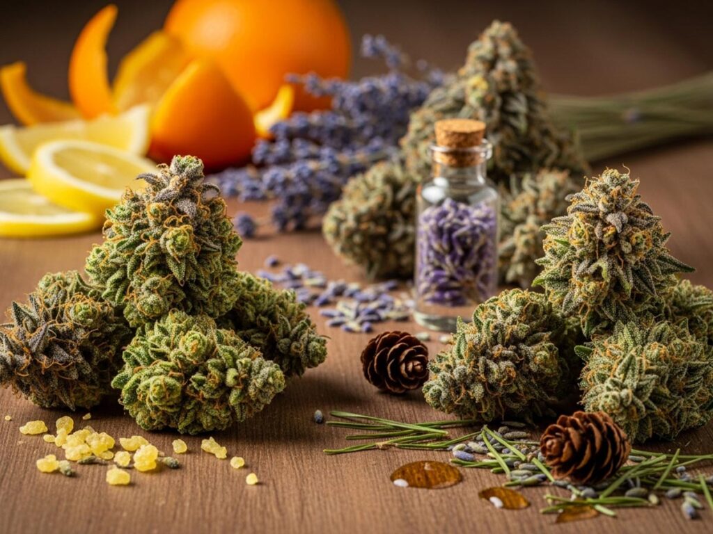 Aromatic cannabis flowers with illustrations of citrus, lavender, and pine, representing different terpenes.