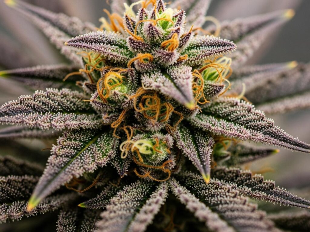 A close-up of a vibrant cannabis flower, showcasing its intricate details and rich colors.