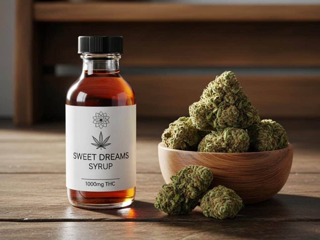 A glass bottle of amber-colored THC-infused syrup next to a small bowl of cannabis flower