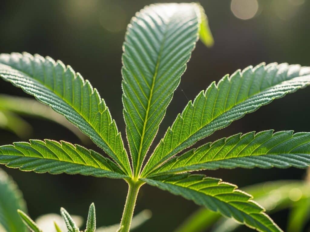 A serene image of a cannabis plant leaf with soft, natural lighting, conveying a sense of calm and nature