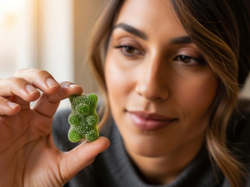 Person holding a cannabis edible gummy with a calm, thoughtful expression