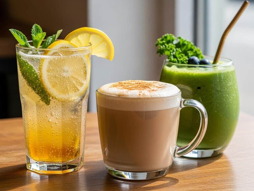 Three colorful THC-infused drinks in glasses a sparkling lemonade, a creamy chai latte, and a green smoothie