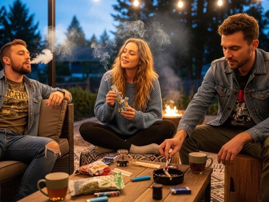 A group of friends casually smoking together in a relaxed, comfortable setting