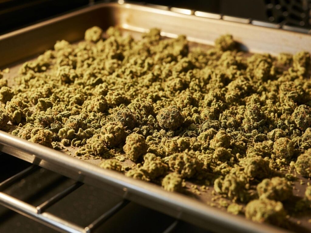 Baking sheet with ground cannabis ready for decarboxylation in an oven.