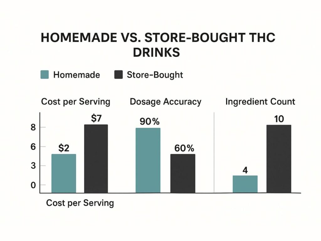 Infographic comparing homemade versus store-bought THC drinks on cost, dosage accuracy, and ingredient count.