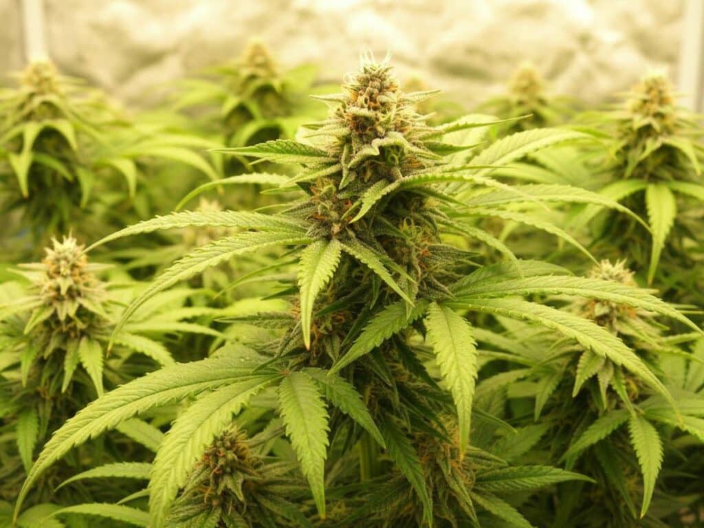 A cannabis plant with vibrant green leaves under bright lighting, highlighting its healthy growth.