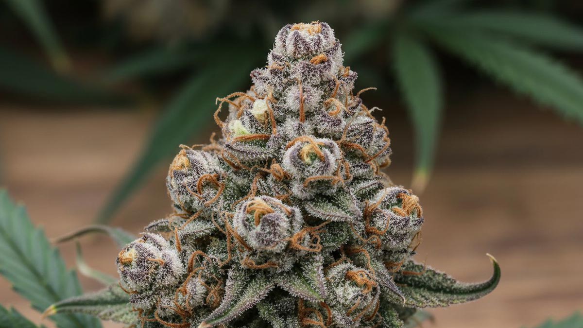 Close-up of a frosty cannabis flower bud sold at Wallflower Cannabis House in Las Vegas