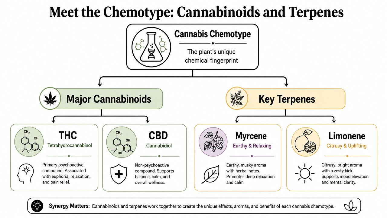 An educational infographic explaining the cannabis chemotype, detailing major cannabinoids like THC and CBD and key terpenes.