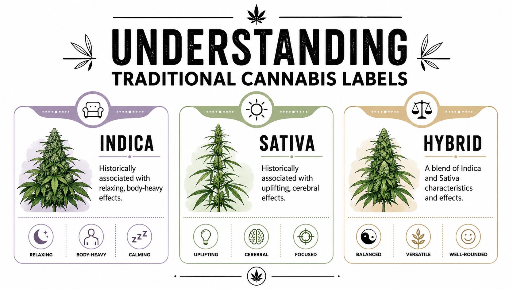 An infographic illustrating the traditional differences between indica, sativa, and hybrid cannabis labels with descriptive icons.