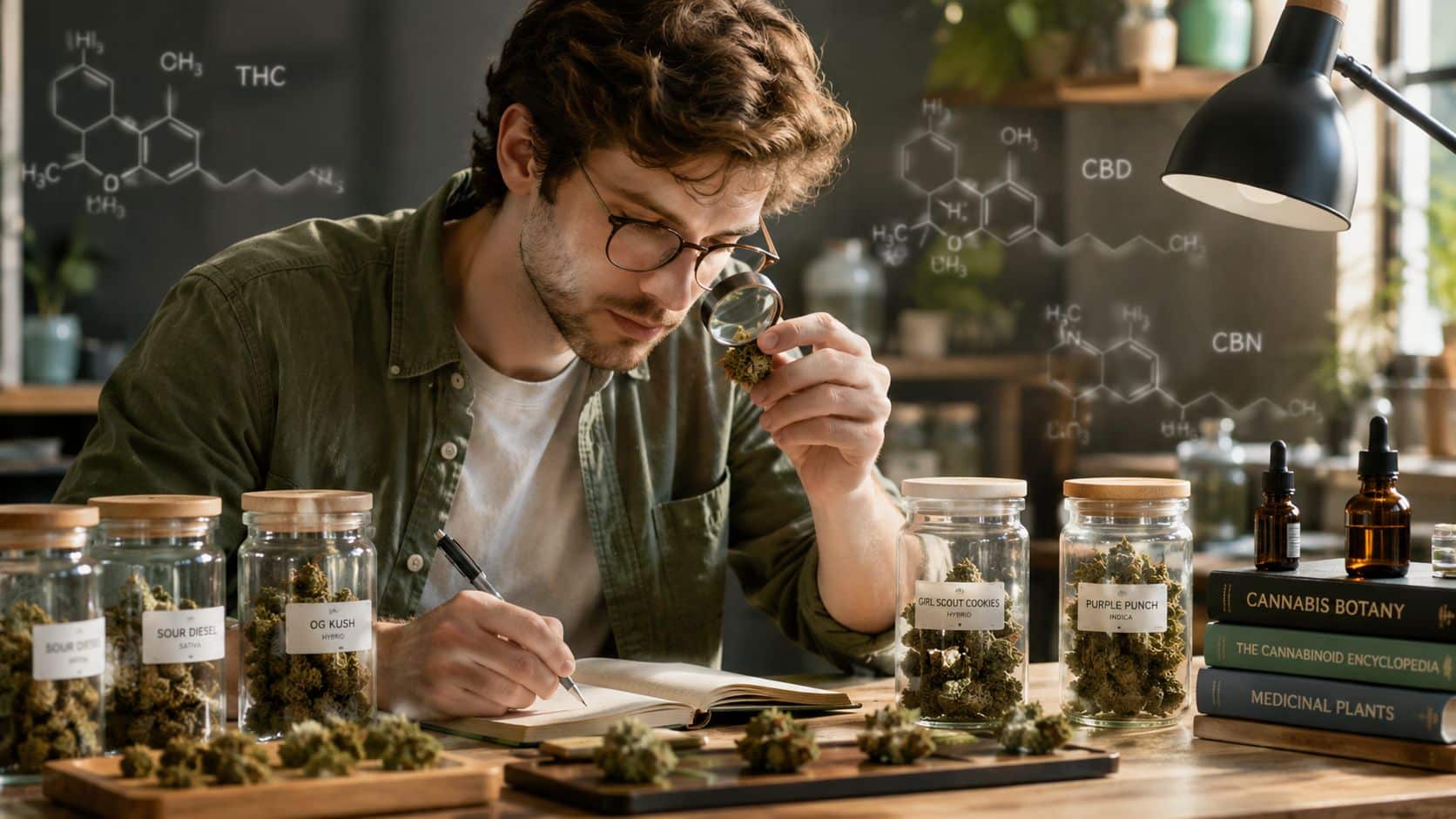 A man in a lab environment examines cannabis buds with a magnifying glass near jars and books.