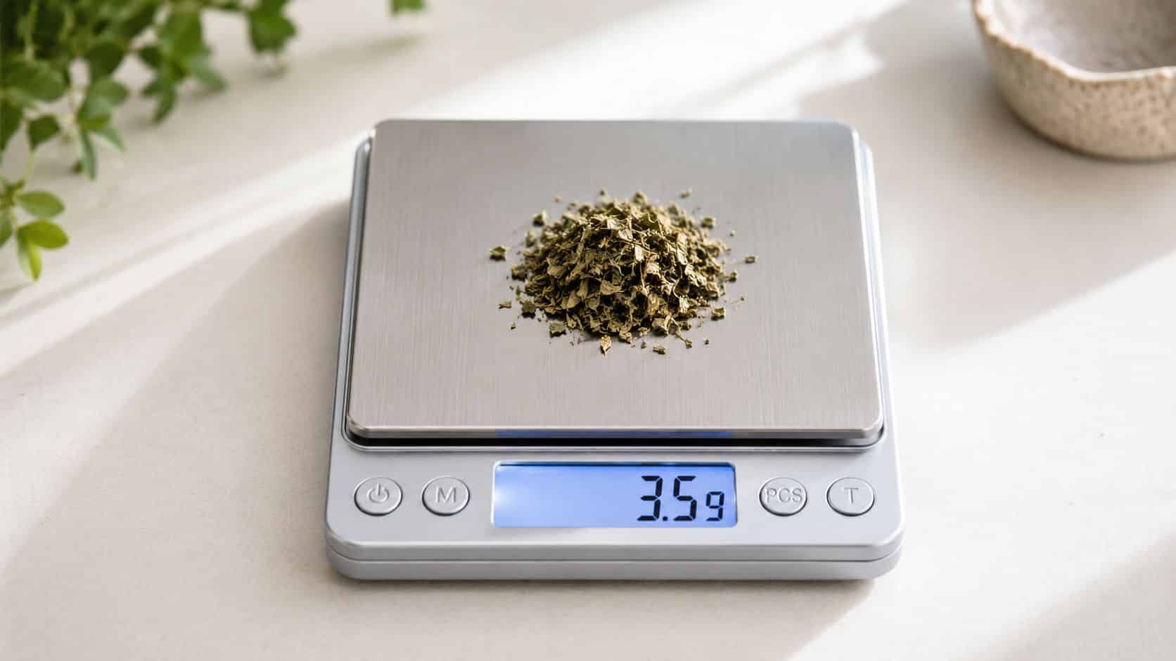 A digital kitchen scale measuring a small pile of dried green herbs on a light countertop.